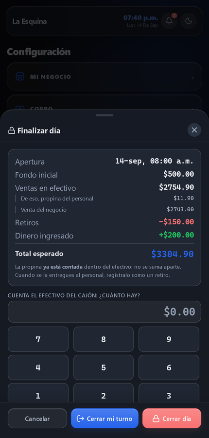 Corte de caja: apertura, efectivo, retiros, ingresos y total esperado