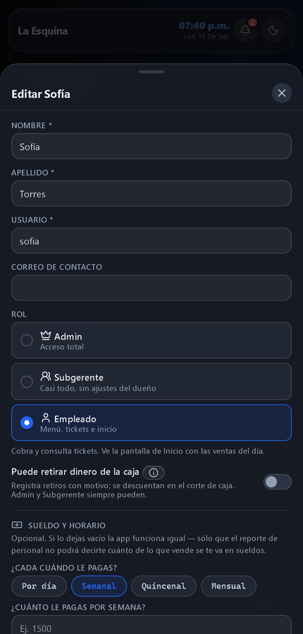 Configuración de Sofía: rol empleado y permiso de retiros
