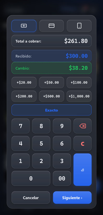Cobro de $261.80, recibido $300 y cambio $38.20