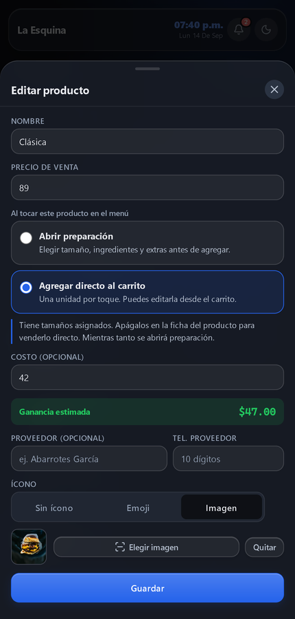 Editar hamburguesa clásica: venta $89, costo $42, ganancia estimada $47