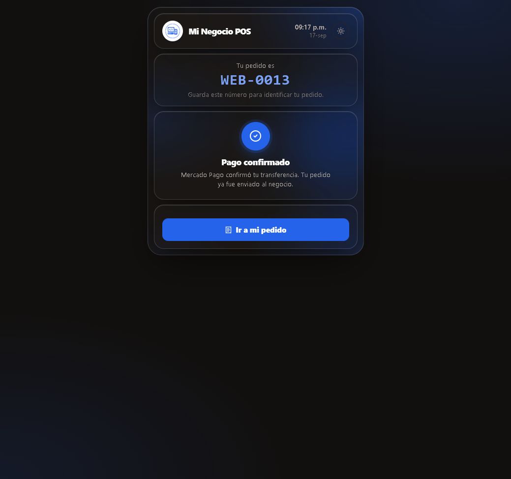 Pago de cinco pesos confirmado por Mercado Pago para WEB-0013