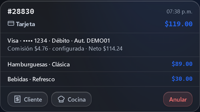 Ejemplo de tarjeta de débito: venta $119, comisión configurada $4.76 y neto $114.24