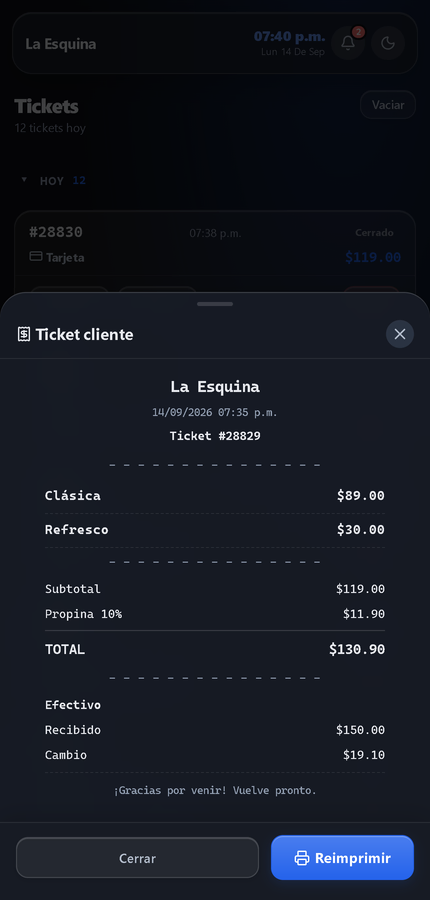 Ticket de La Esquina con productos, propina, total, efectivo y cambio